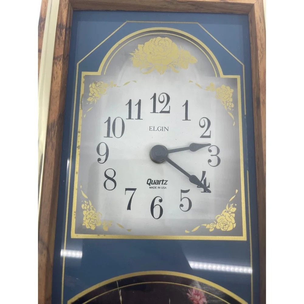 Vtg Elgin Quartz Wall Clock Wood Brass Trim 80s 90s Fan‎ Flowers USA works read